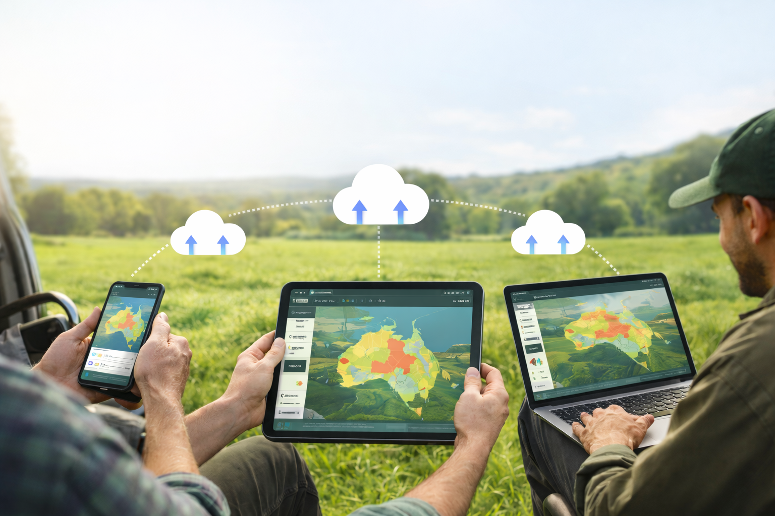 Team members collaborating with maps in the field